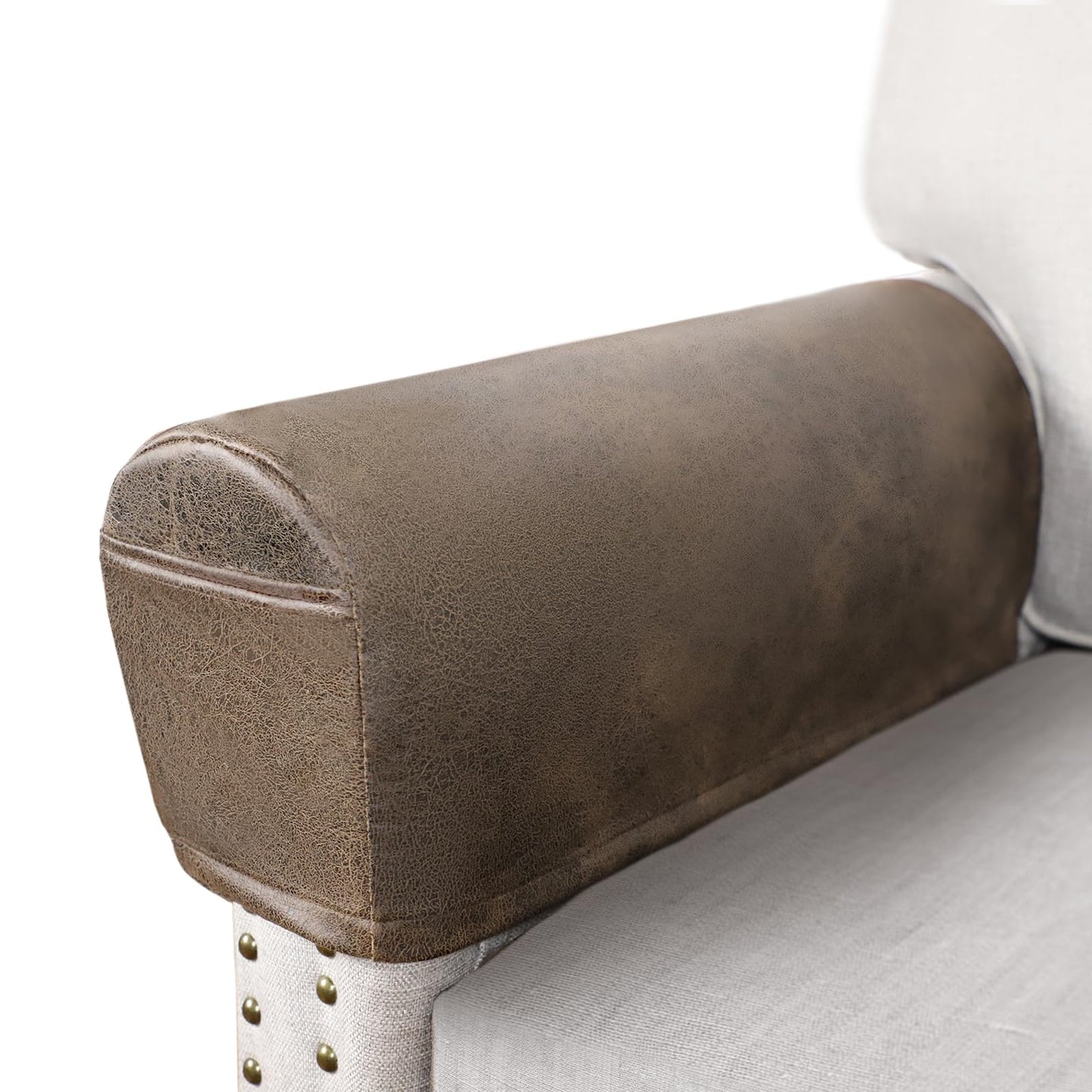 ANARACHON Leather Look Couch Arm Covers Set of 2 Armrest Covers for Sofa Chair Arm Protectors Stretch Armchair Slipcovers with Pockets Washable Spandex Fabric (Large, Light Brown)