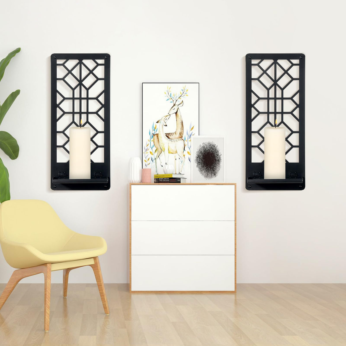 Zzbakress 2 Pcs Black Metal Wall Art Bathroom Decor Candle Holder Wall Art Retro Line Wall Decor Living Room Minimalist Metal Wall-Mount Candle Sconces for Dining Room Bedroom Kitchen (Black-Retro)