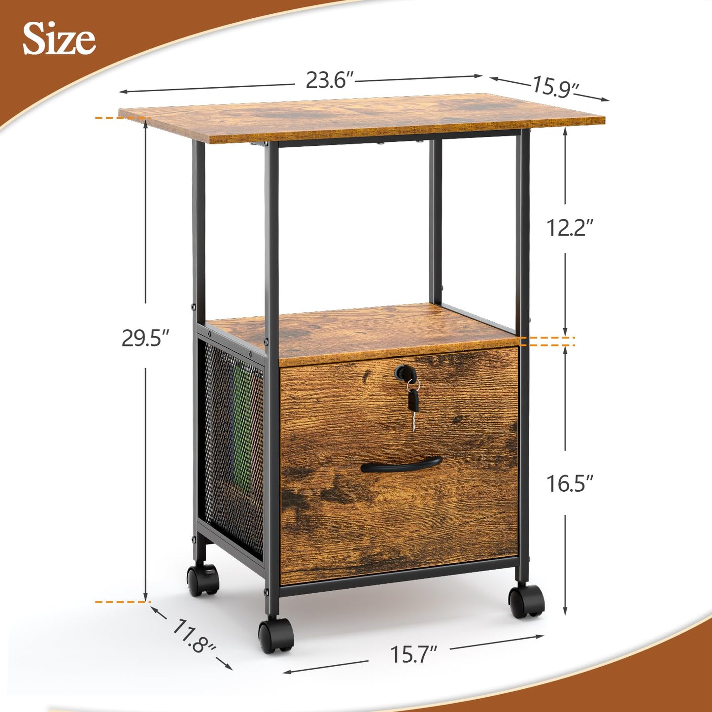 ThreeHio Small Filing Cabinet with Lock, Printer Stand with File Storage, Rolling Locking File Cabinet with Drawer Vertical File Cart with Wheels, Lockable Filing Cabinet for Home Office