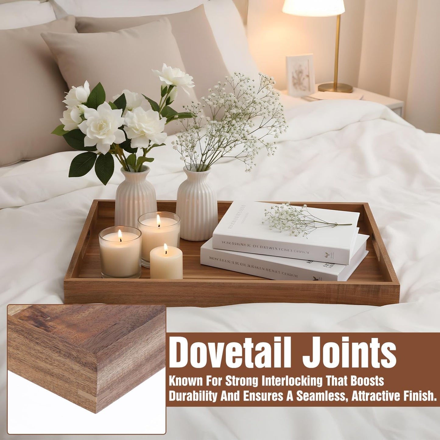 17.7 Inch Acacia Wood Serving Tray with Handles Ottoman Tray for Living Room Large Wooden Trays for Ottoman Coffee Table Trays RectangularTray for Breakfast in Bed Dinner Bedroom Entryway Kitchen