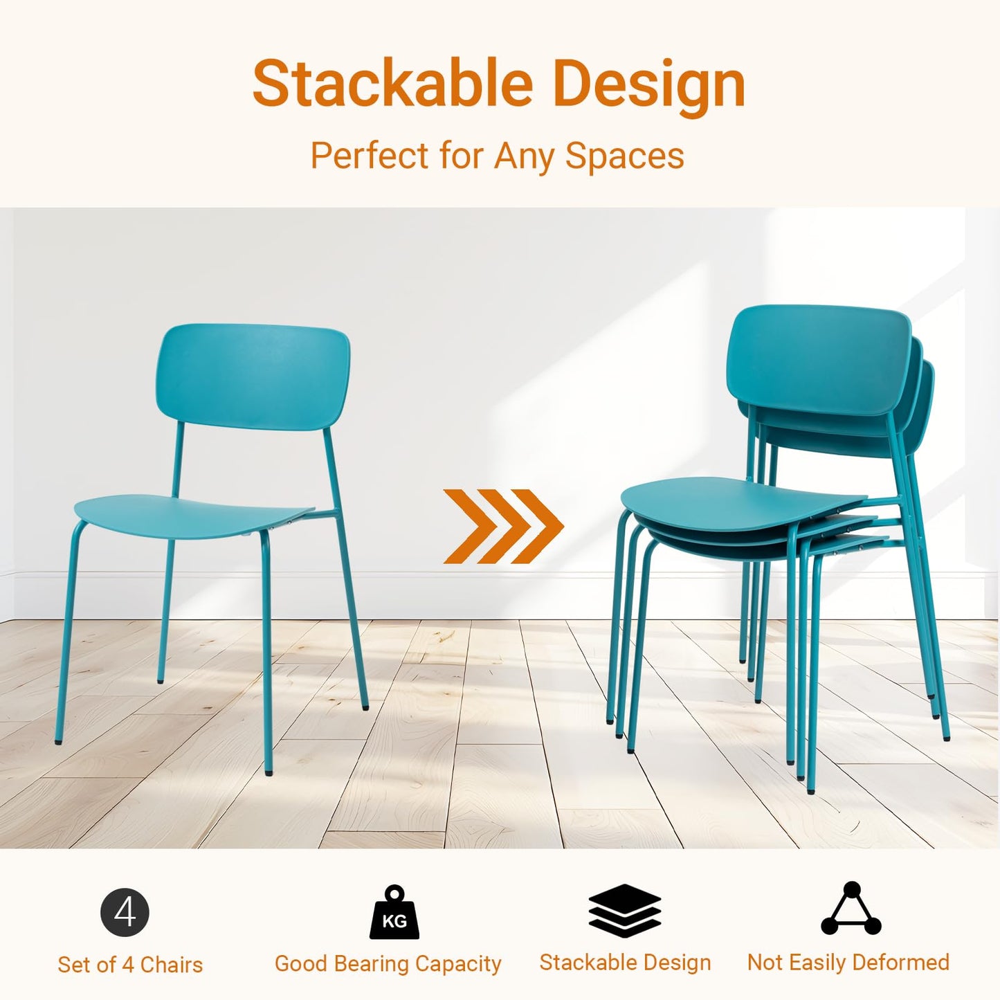 Sidanli Armless Stacking Chairs Set of 4, Office Waiting Room Chairs with Metal Legs and Ergonomic Plastic Seat, Metal Chairs Set of 4 for Conference Reception Dining Room, Blue
