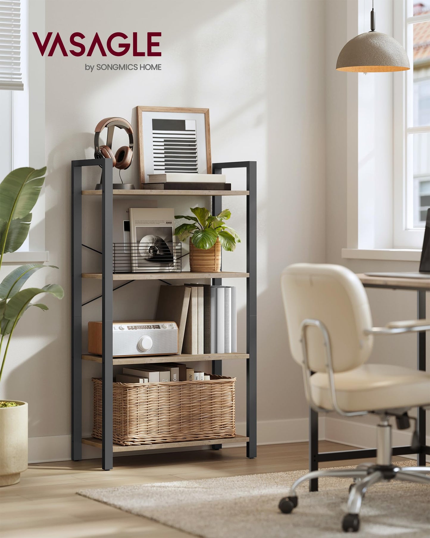 VASAGLE 4-Tier Bookshelf, Bookcase with Steel Frame, Book Shelf for Living Room, Home Office, Study, 11.8 x 26 x 47 Inches, Industrial Style, Heather Greige and Ink Black ULLS060B02
