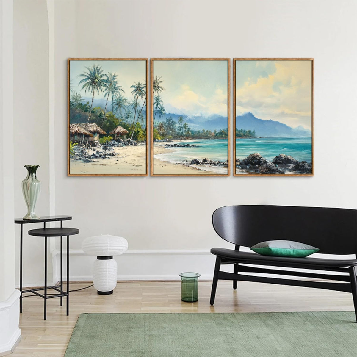 Rantodecor Tropical Coastal Framed Canvas Wall Art, Beach Landscape Posters Wall Decor, Island Palm Trees Beach House Art Paintings, Seascape Mountains Artwork for Bedroom Living Room Office 16"x24"x3