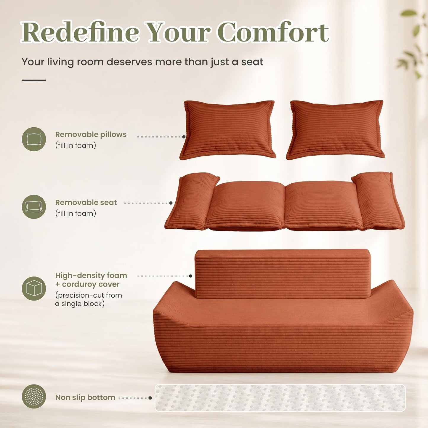 JUIKURY 55" Convertible Corduroy Sofa Bed, Boneless Foldable Loveseat Sleeper Couch, Compressed Foam Floor Sofa with Removable Cushions & Pillows for Small Space Living Room