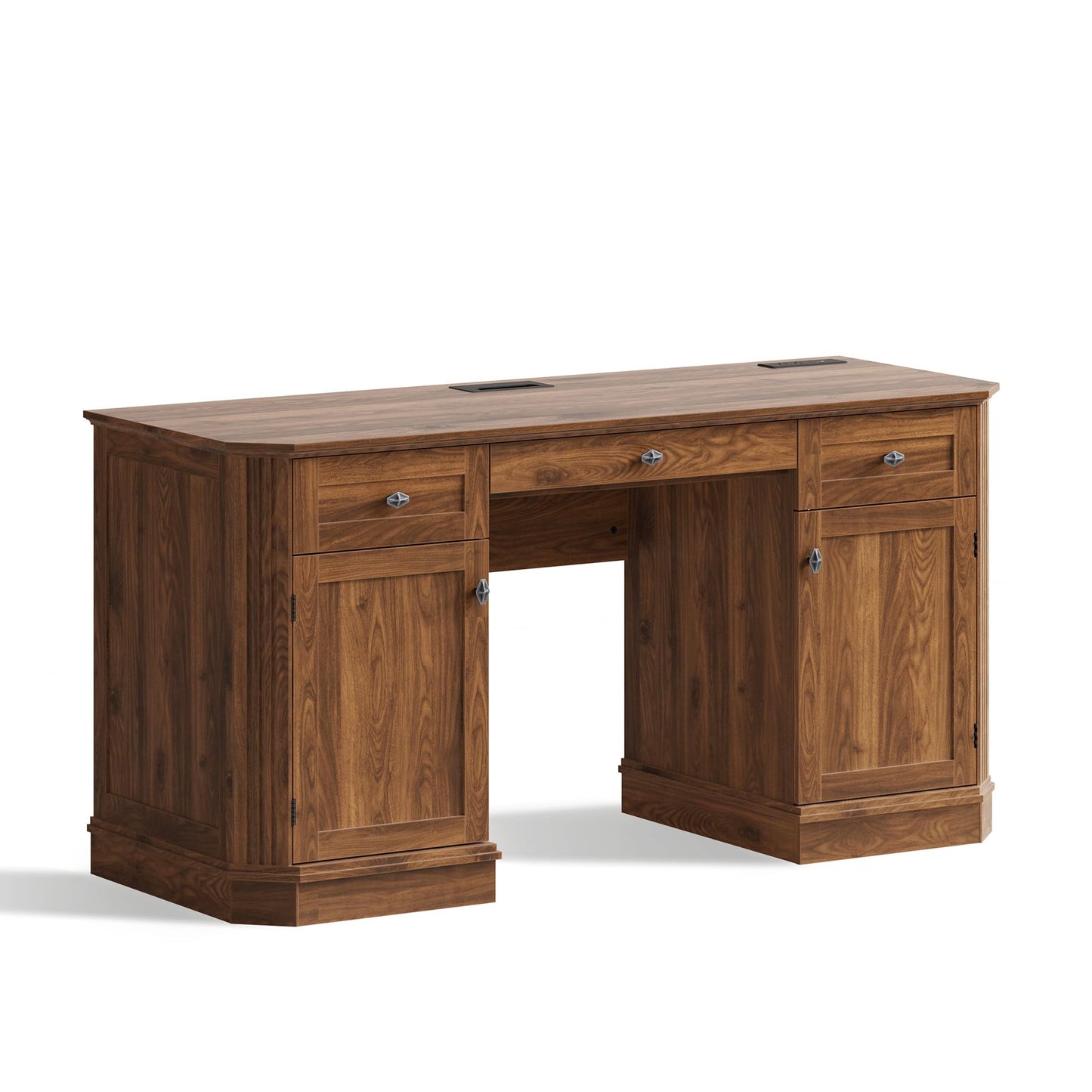 AMBERHAUS 59" Classic Executive Desk with Storage, Victorian Executive Desk with Charging Station, Keyboard Tray, 3 Drawers & 2 Cabinet Storage & 2 Pedestals, Easy Assembly, Dark Walnut