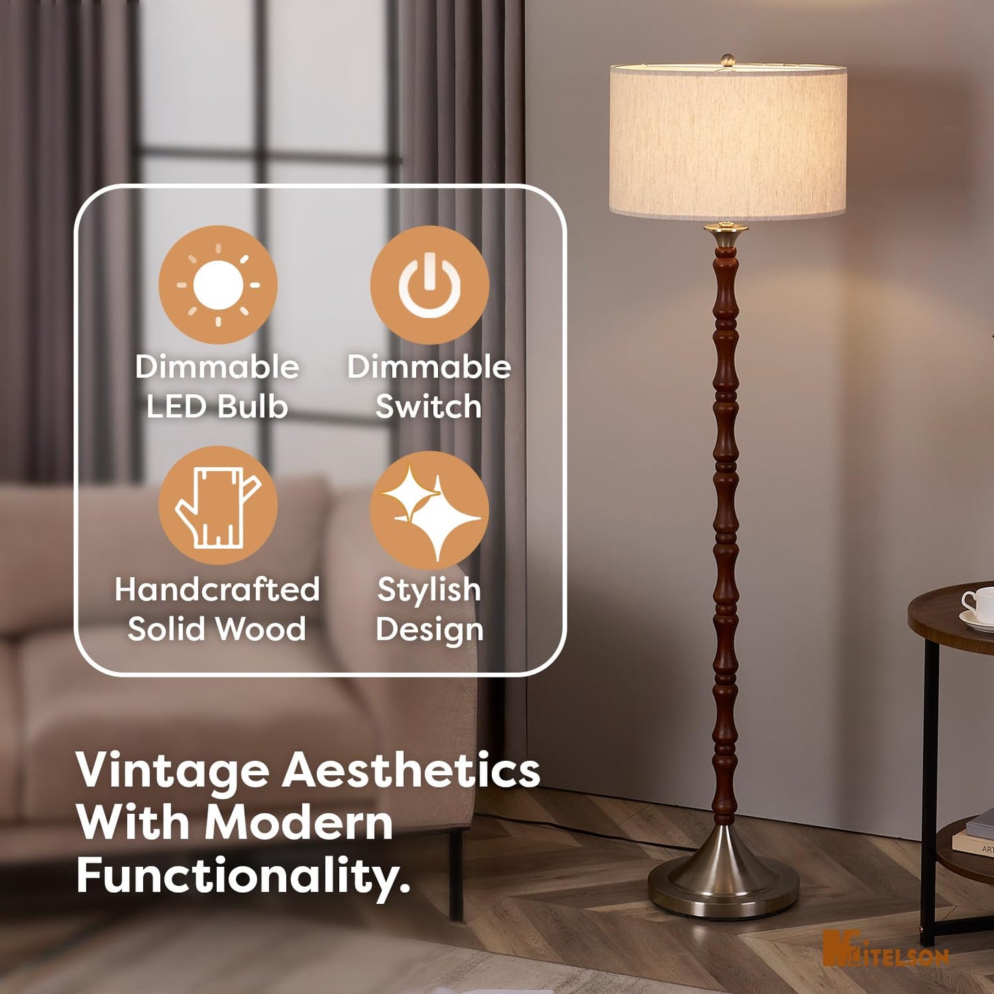MITELSON Mid Century Floor Lamp with Linen Drum Shade - Dimmable Tall Standing Lamp, Rustic Wooden Retro Lamp for Living Room Bedroom Office Corner, Walnut Brown, Adjustable Stepless Dimming