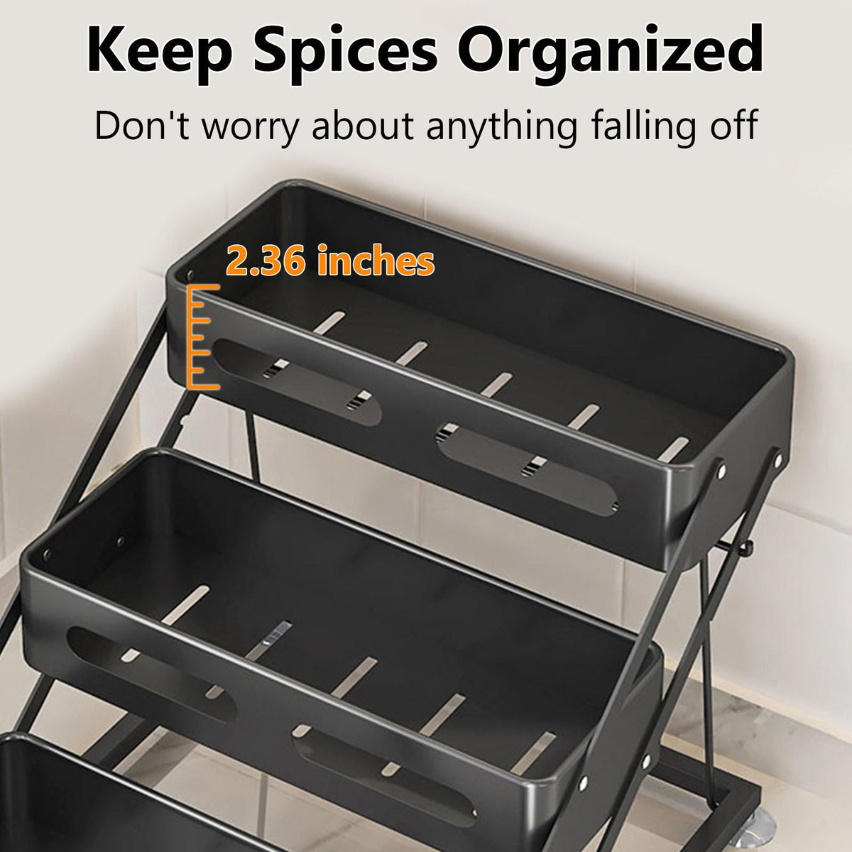 Ceetug 3 Tier Foldable Spice Rack for Countertop Iron Kitchen Seasoning Organizer for Cabinet, Black