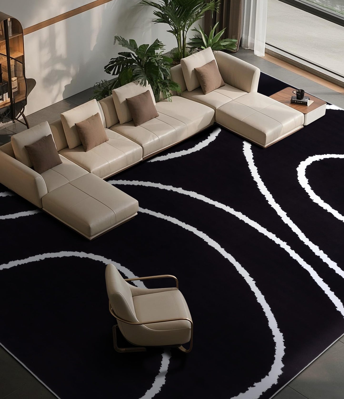 YIHOUSE Black Modern Area Rugs 9x12,Large Black and White Rugs for Living Room,Wave Washable Rug 9x12,Thin Abstract Geometric Rug,Minimalist Striped Rugs for Bedroom,Office