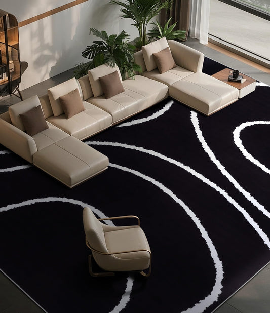 YIHOUSE Black Modern Area Rugs 9x12,Large Black and White Rugs for Living Room,Wave Washable Rug 9x12,Thin Abstract Geometric Rug,Minimalist Striped Rugs for Bedroom,Office