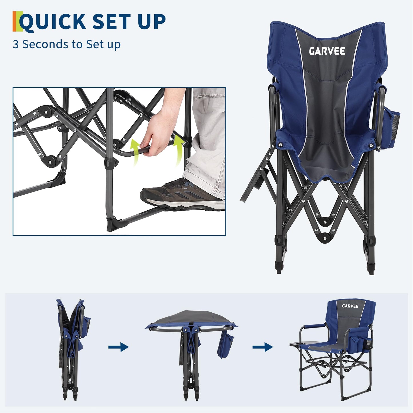 GarveeLife 2 Pack Oversized Directors Camping Chair, Portable Folding Chair for Adults Support 400 lbs, Heavy Duty Lawn Chair with Side Table, for Camping, Sports, Picnic, Beach, Fishing, Blue