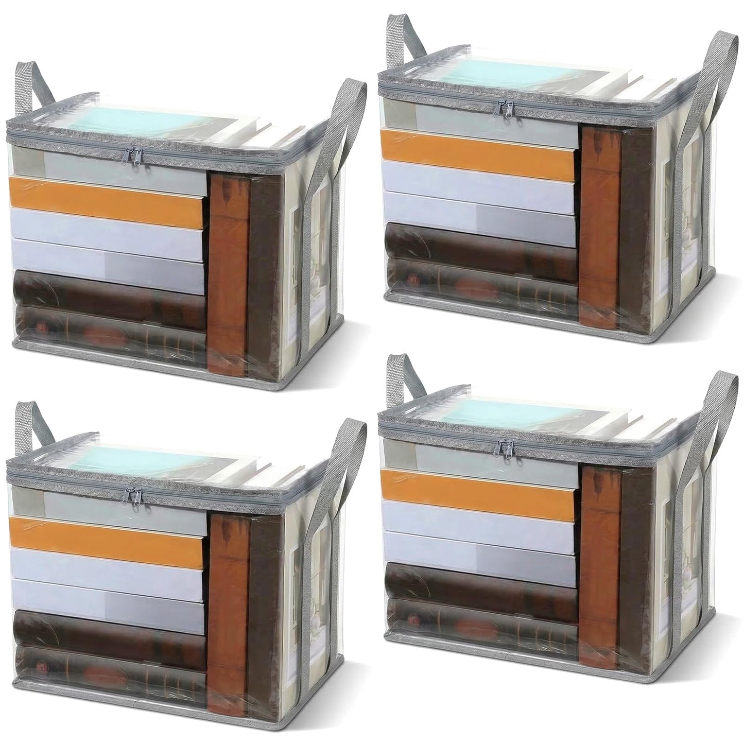4 Pcs Clear Book Storage Bag, 15'' x 12.6'' x 9.4'' Plastic Comic Books Organizer Foldable Book Display Case with Lid and Lifting Handle for Books DVD Clothing