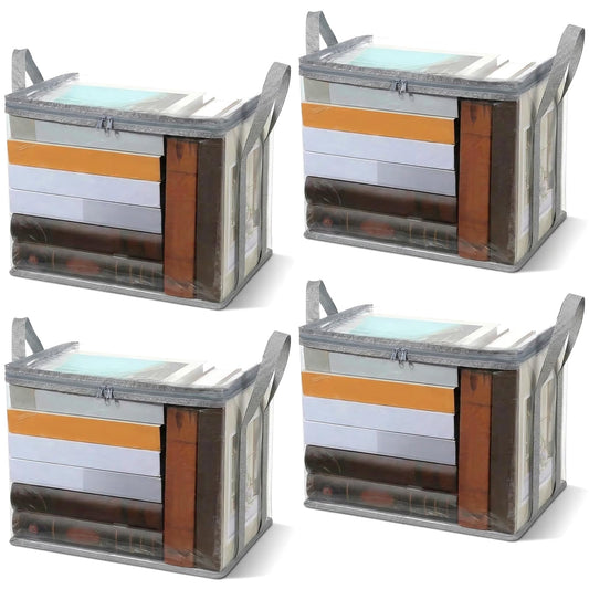 4 Pcs Clear Book Storage Bag, 15'' x 12.6'' x 9.4'' Plastic Comic Books Organizer Foldable Book Display Case with Lid and Lifting Handle for Books DVD Clothing