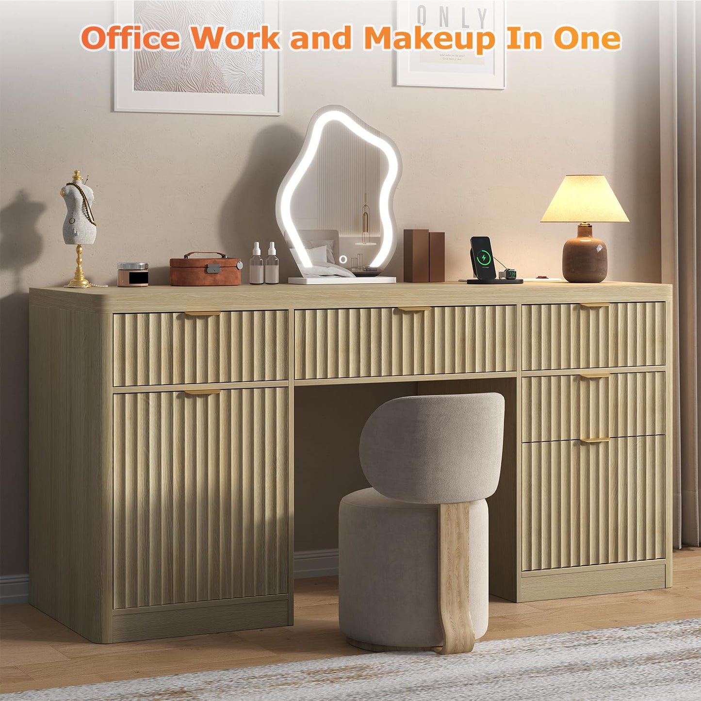 58" Fluted Executive Desk with Storage & Charging Station, Wood Modern Home Office Desk with 4 Drawers, 1 File Cabinet, 1 storage Cabinet, Computer Writing Desk for Work, Living Room, Bedroom, Natural