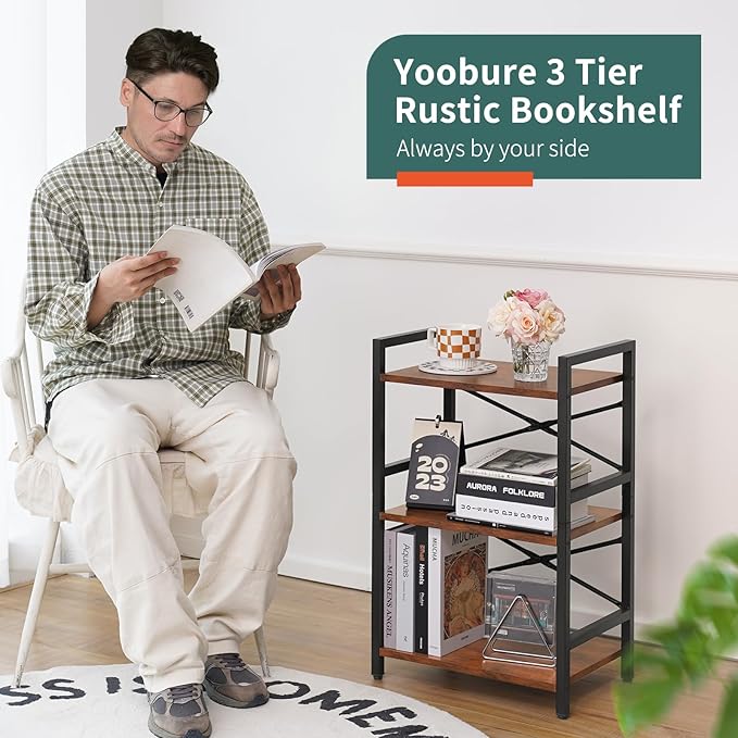 Yoobure Bookshelf Small Book Shelf, Solid Industrial 3 Tier Shelf Bookcase
