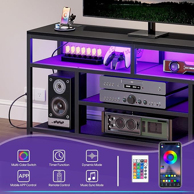 HOOBRO LED TV Stand with Charging Station, 4-Tier Entertainment Gaming Center