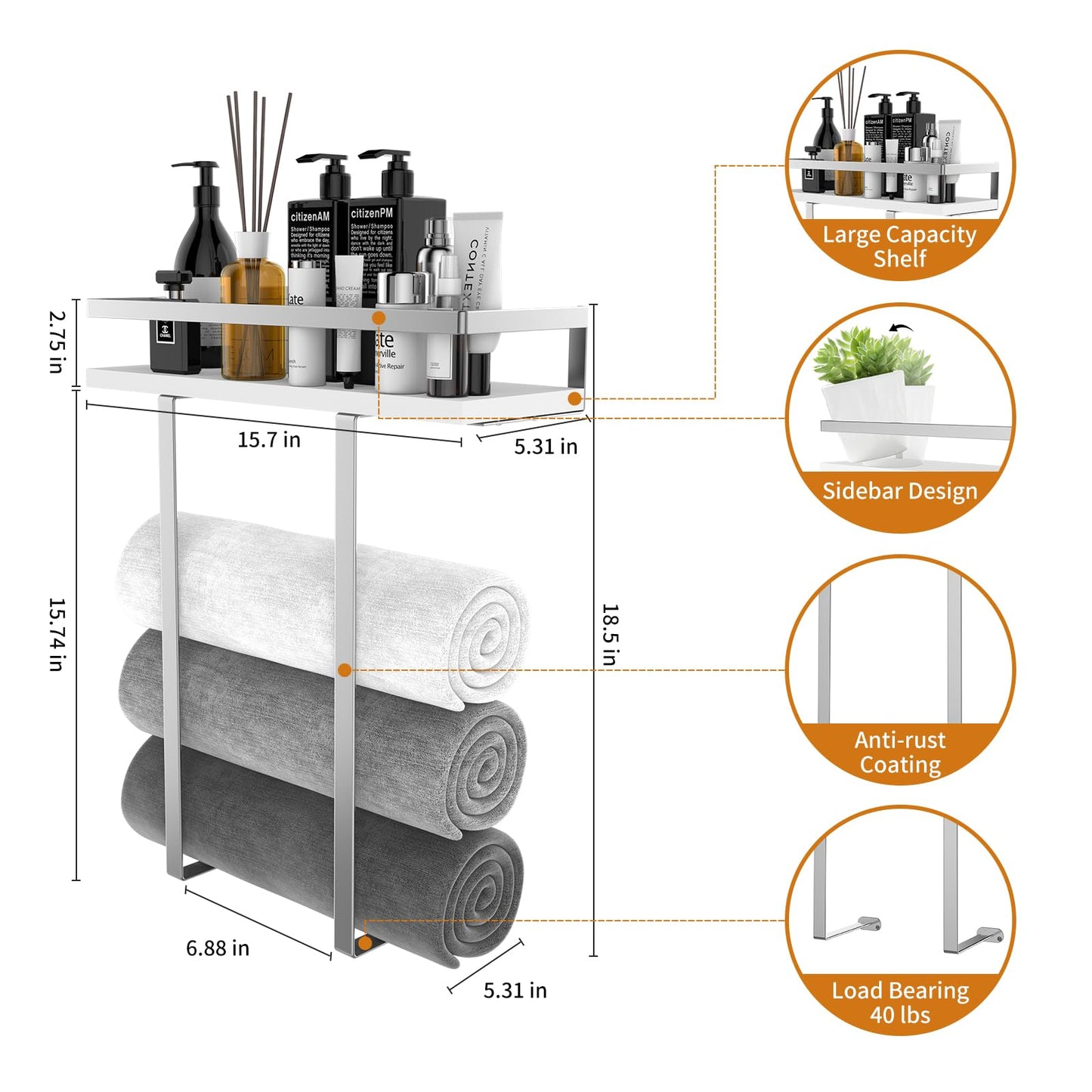 Towel Rack Wall Mounted, Xstydes Metal Towel Holder with Wooden Shelf for Folding Large Towels, Towel Storage for Small Bathroom Organizer Decor or RV Camping, Silver