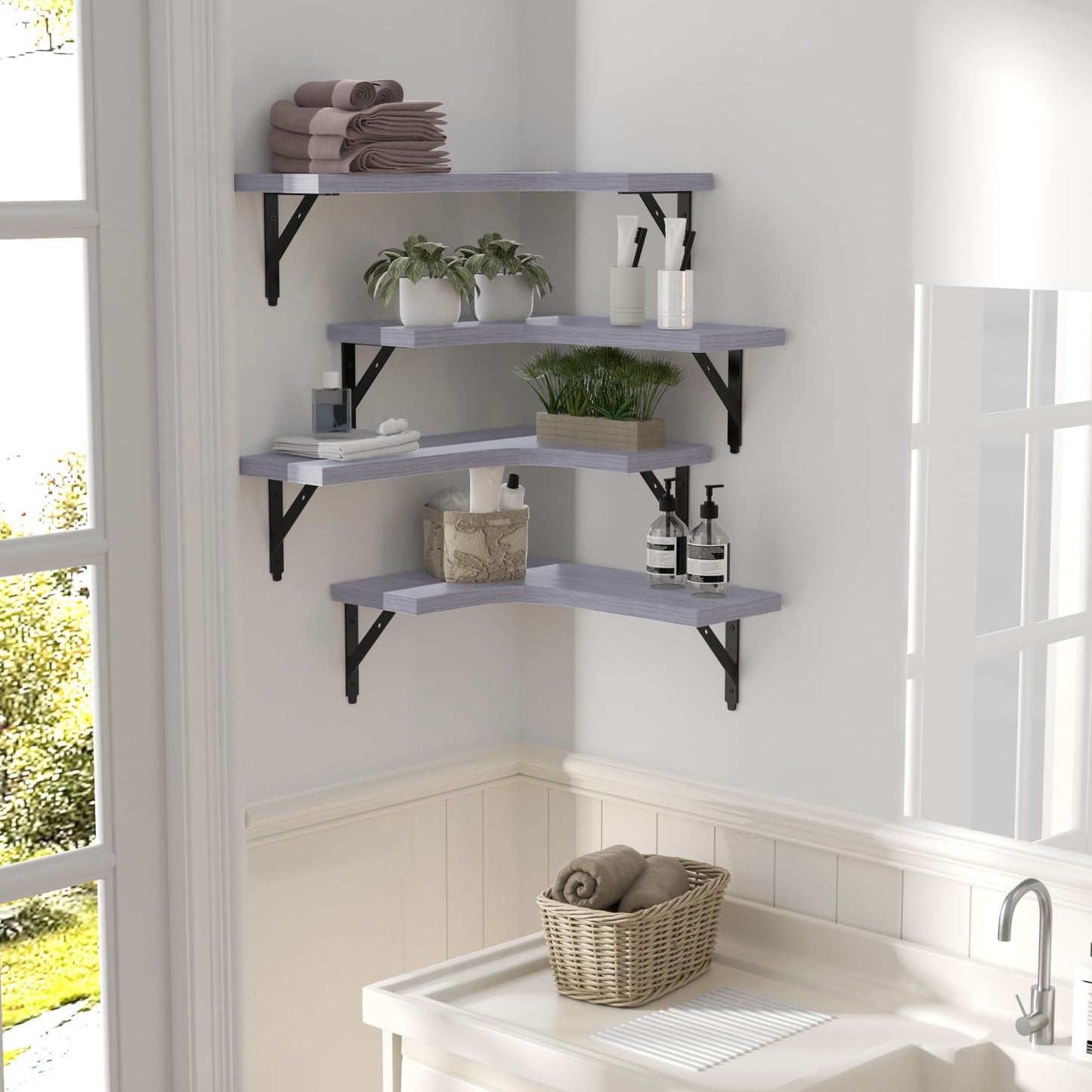 ROMGUAR CRAFT Corner Floating Shelves Wall Mounted Set of 4, Rustic Wood Storage Display Shelves for Home Decor, Bathroom, Kitchen, Bedroom, Living Room, Office (Light Grey)