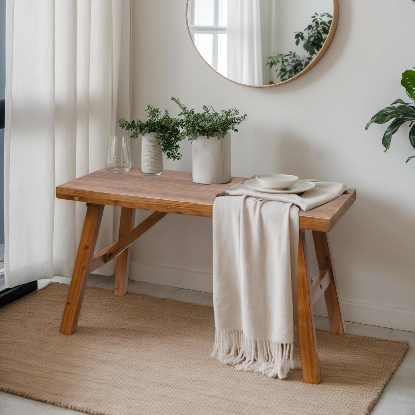 Handcrafted Solid Wood Bench, 30" - Farmhouse-Style Burnt Brown Entryway Seating for Living & Dining Room, Rustic Design, Natural Finish