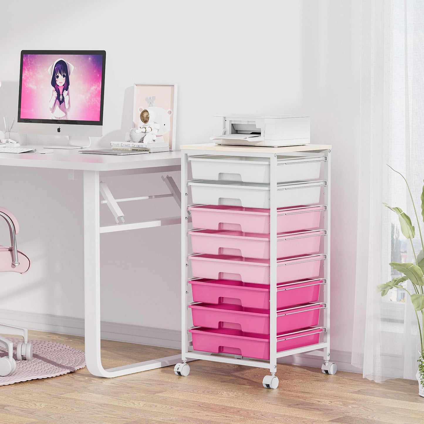 Rolling Cart with Drawers,Storage Cart with 8 Drawers and Wooden Tabletop,Utility Cart for Living Room,Classroom, Bedroom,Bathroom,Dorm,Office,Rose Pink