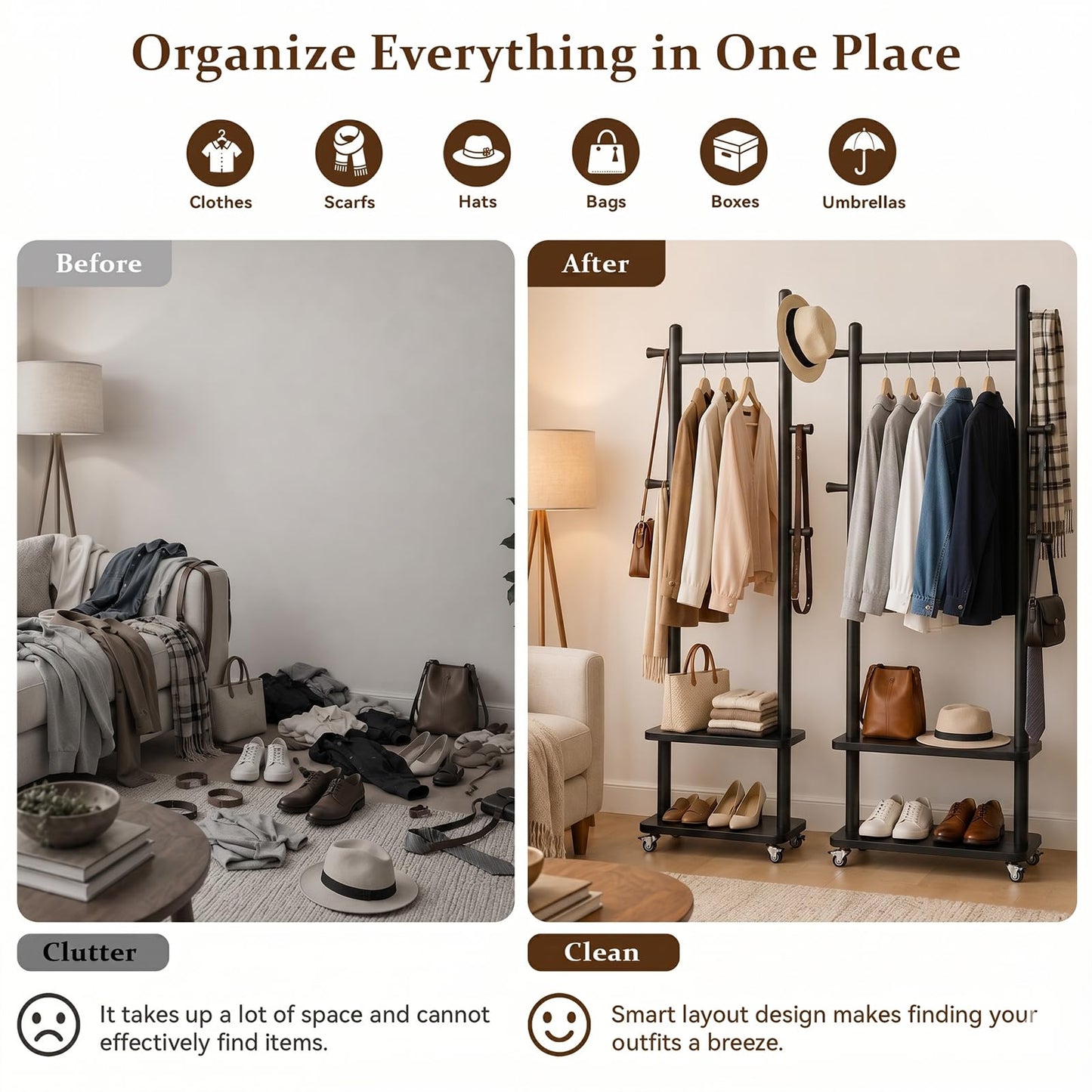 Solid Wood Coat Rack Freestanding Clothing Rack with Wheels & 2 Shelves Storage & 5 Hooks Heavy Duty Clothes Rack Wood Coat Tree Stand Hat Hanger Rack for Corner Bedroom Entryway Living Room Hotel