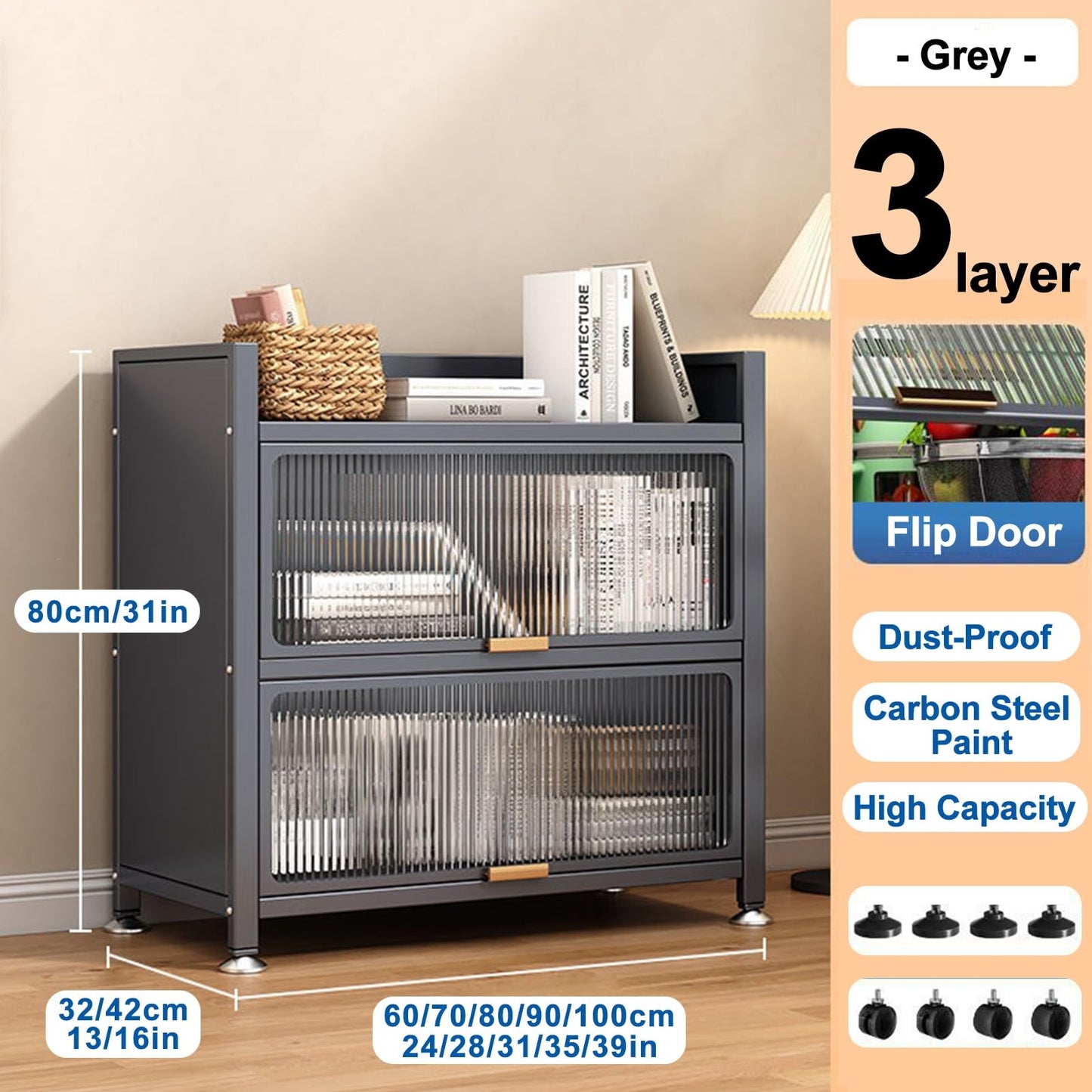 3-Tier Kitchen Storage Rack & Coffee Station, Bread Rack for Microwave & Pantry, Versatile Cabinet for Home, Office, Garage, 90cm/35in - Stylish Gray Finish