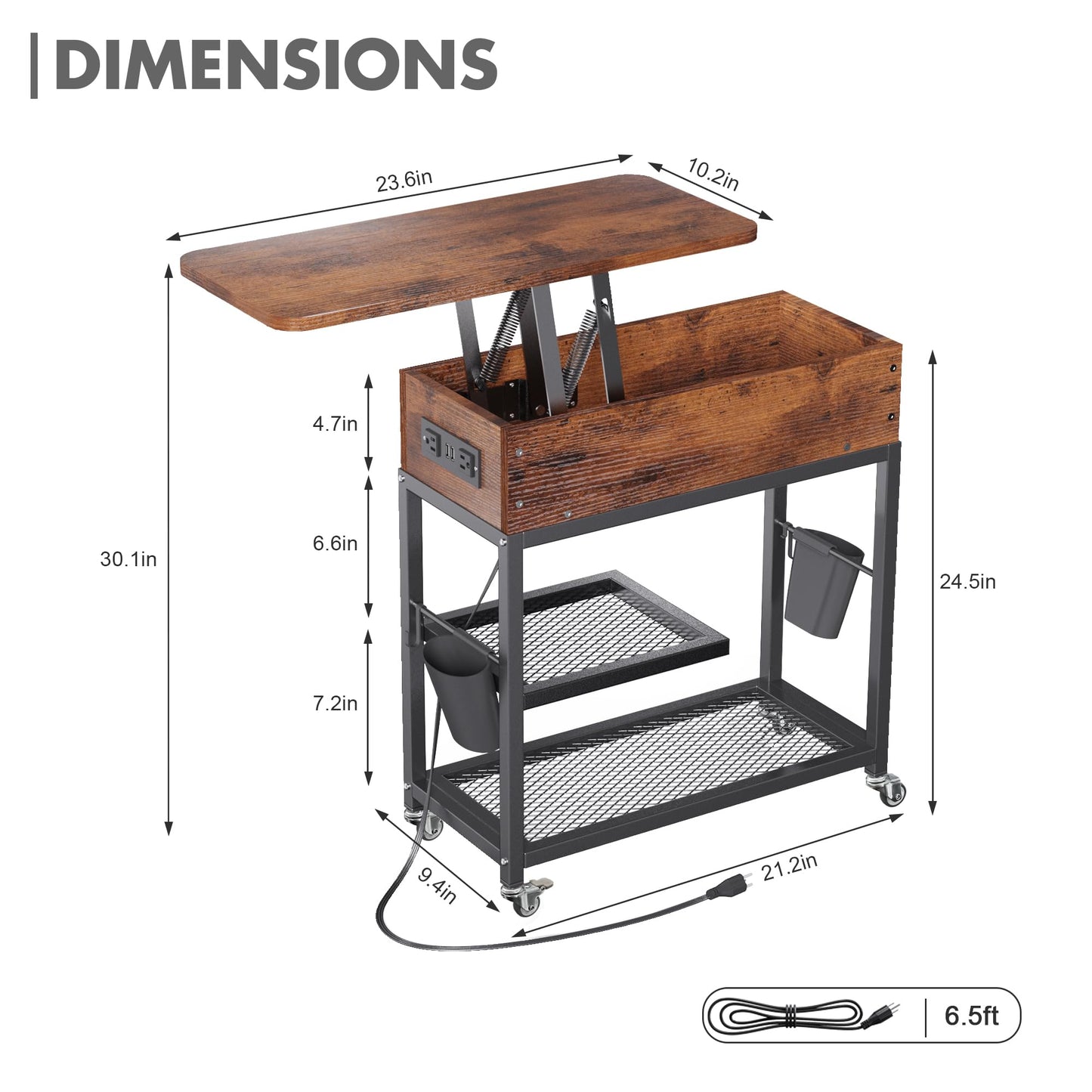 Colima Lift-Top Side Table with Charging Station - Mobile End Table with USB Ports & AC Outlets, Hidden Storage, Wheels - Rustic Wood Nightstand for Living Room, Bedroom, Office