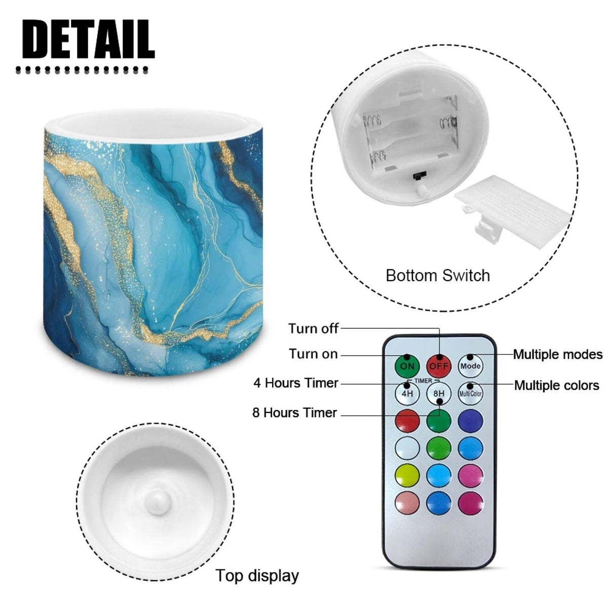 Cozeyat Blue Marble LED Candles Set of 4 Battery Powered Flameless with Remote Timer Waterproof Flickering Pillar Candles for Home Patio Garden