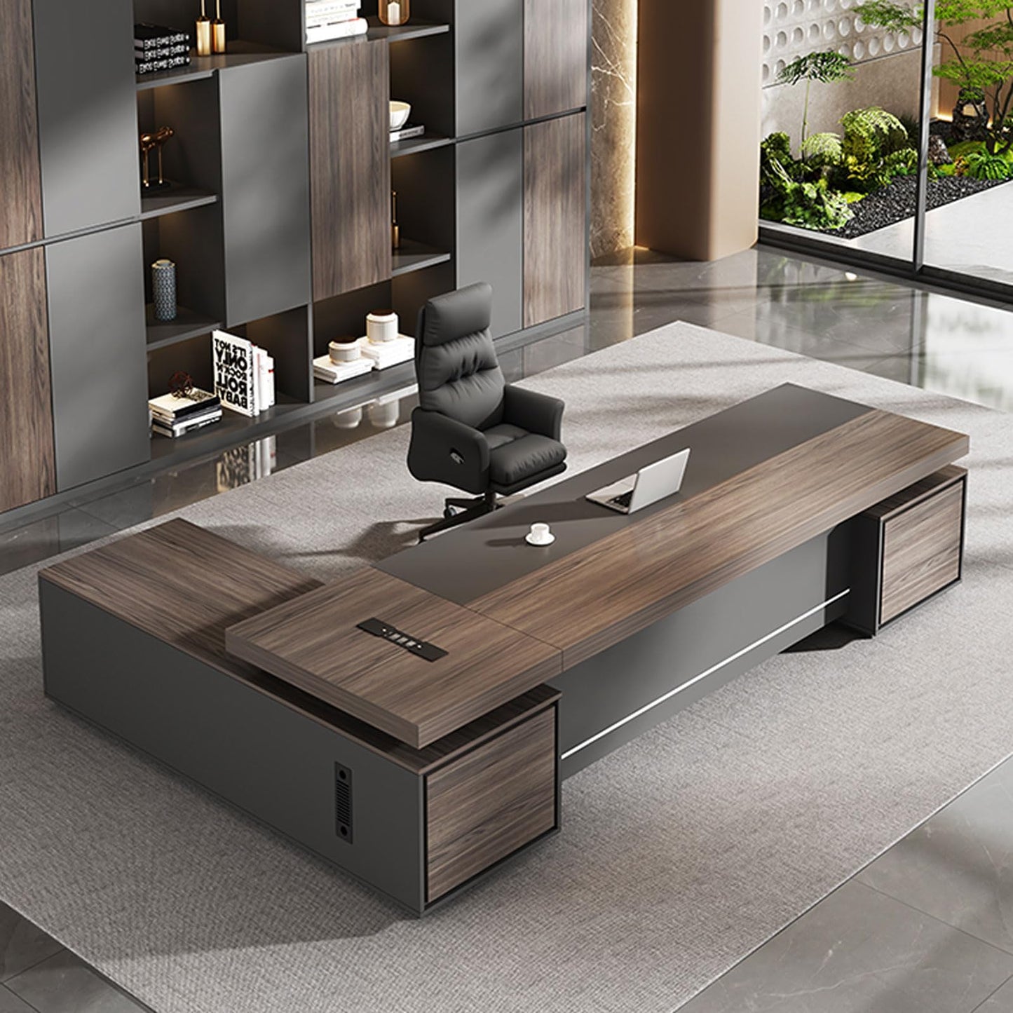 HONGYISHI Brown L Shaped Executive Office Desk with Drawers Modern Large Home Computer Desk with Cabinet and Open Storage Shelf Writing Study Table Business Workstation Set for CEO, Boss