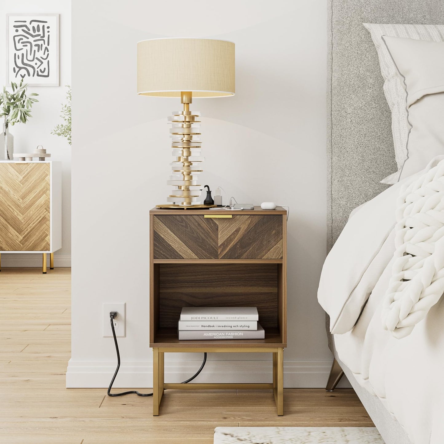 Masupu Nightstand with Charging Station,Modern Night Stand Boho Farmhouse Wood Bedside Table with Storage Drawer Side End Table for Bedroom,Living Room,Office,Walnut Brown with Outlet