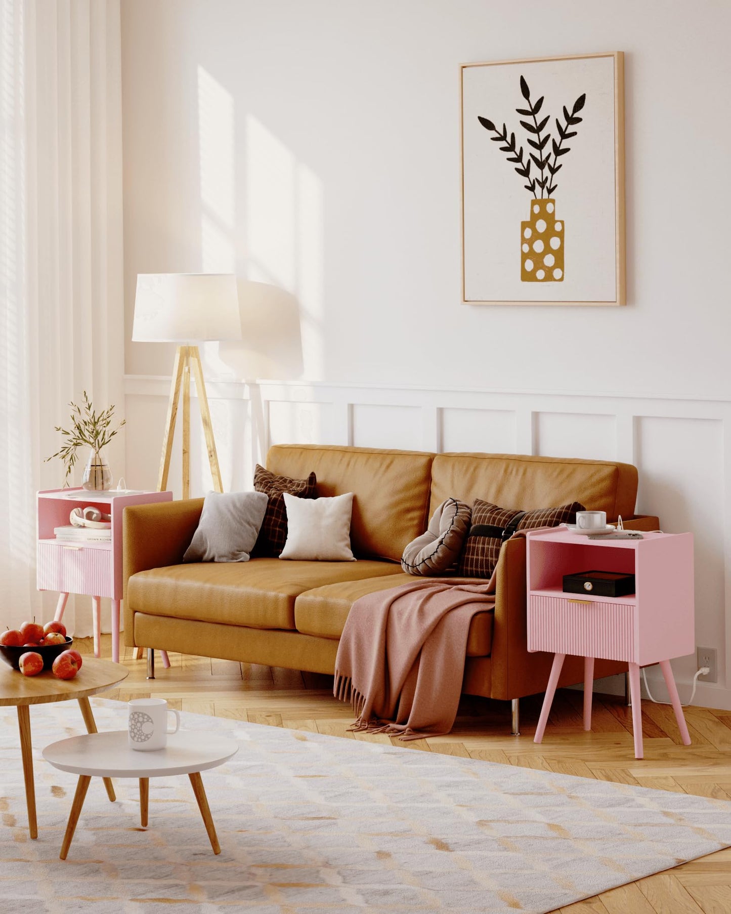 JOONEE Nightstand with Oultlet,Modern Bedside Table with Storage Drawer and Open Wood Shelf, for Living Room, Bedroom and Small Spaces, Accent Night Stand with Solid Wood Legs, Easy Assembly,Pink