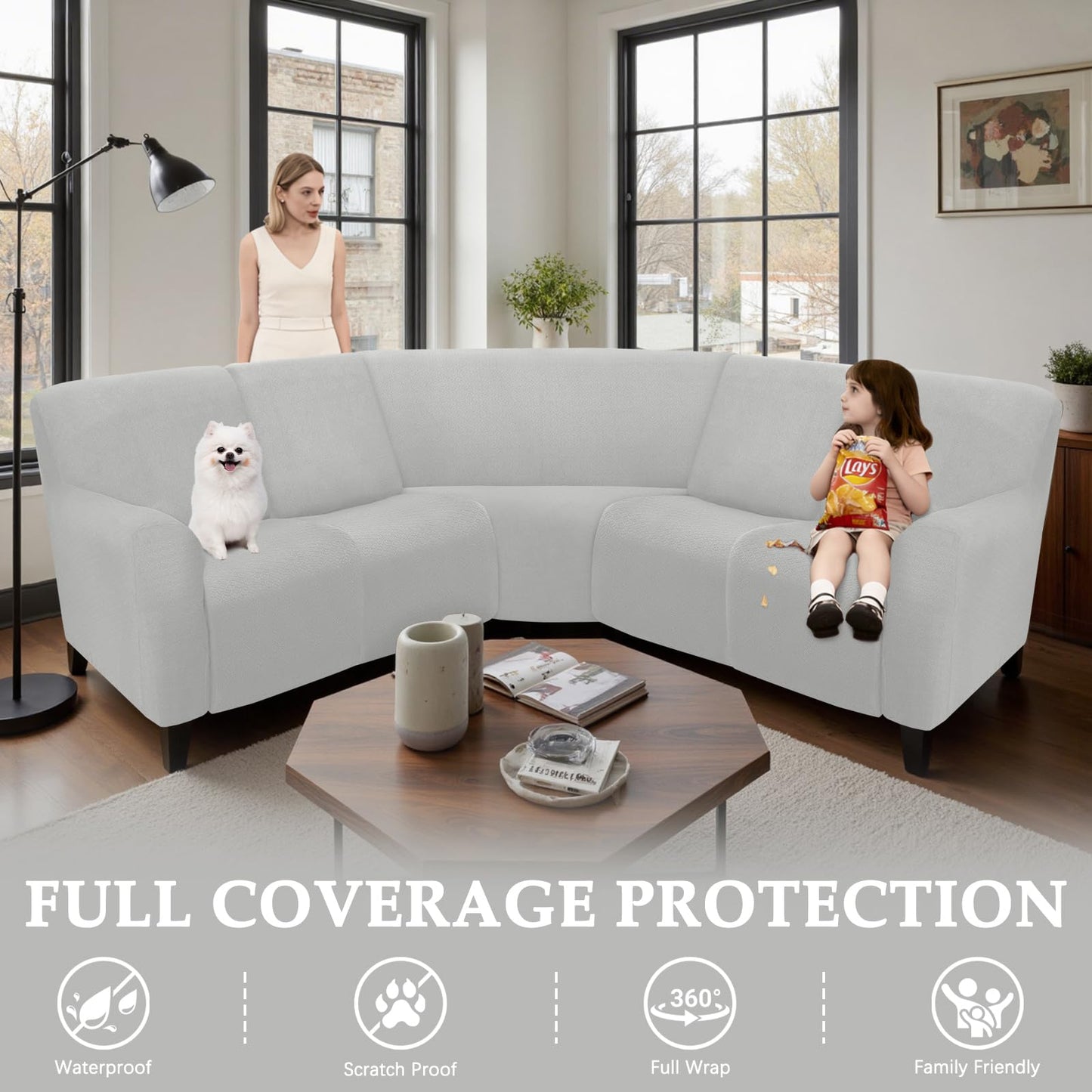 ROFASVCO Reclining Sectional Couch Covers Waterproof L Shape Washable Recliner Sofa Cover for L Shaped Sectional Super Stretch Soft Corner Recliner Slipcovers (5 Seater Cover, Ash Gray)