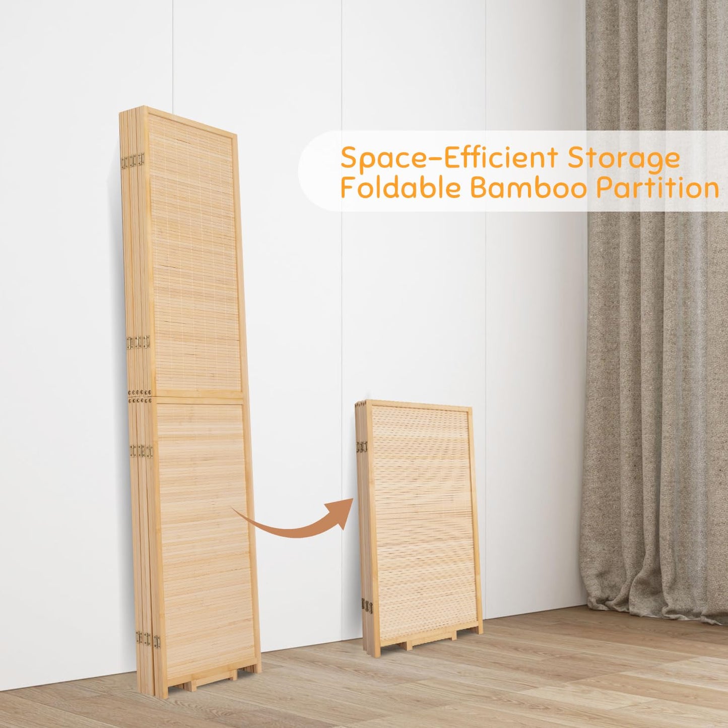 Bamboo Room Divider Folding Privacy Screens, Wall Divider for Room Separation, Portable Room Partitions and Dividers, 5.6FT Bamboo Mesh Woven Room Divider Panel (Beige, 6 Panel)