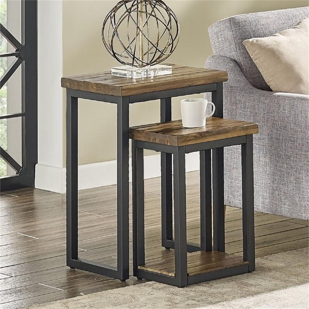 Claremont Rustic Wood Nesting End Tables, Set of 2, Solid Wood and Black-Finished Metal, Large Table 18 in. W x 14 in. D x 26 in. H, Small Table 13.5 in. W x 11.5 in. D x 26 in. H, Drawers and Shelf