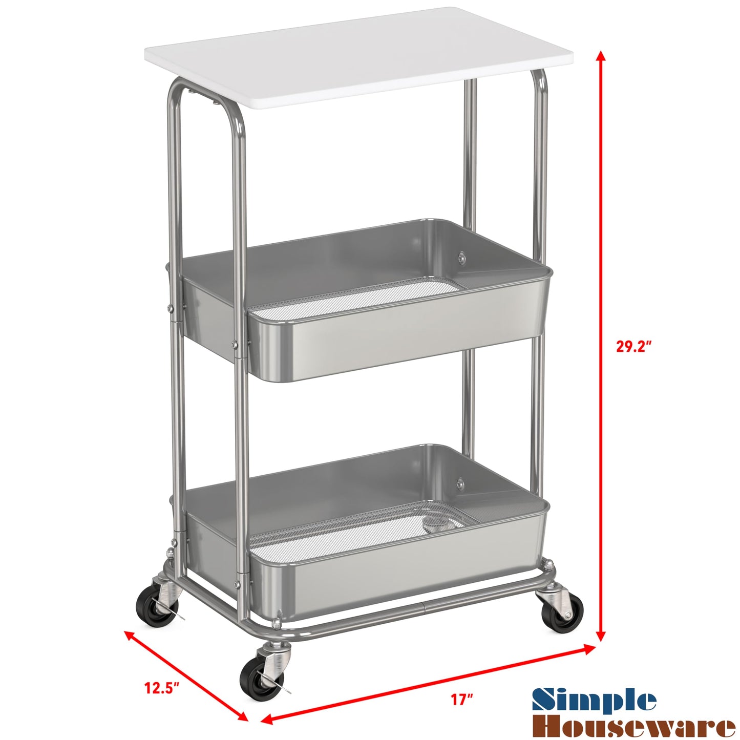 Simple Houseware 2-Tier Rolling Utility Cart with Lockable Wheels and Wood Top, Metal Storage Organizer Trolley for Kitchen, Bathroom, Office, Craft Room, White