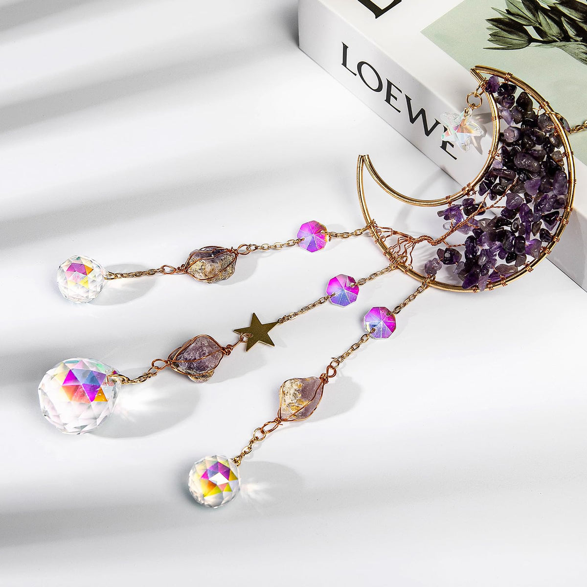 TUOKING Amethyst Crystal Moon Suncatchers for Window Hanging Tree of Life Natural Healing Stones Wind Chimes Sun Catcher Rainbow Maker Good Luck Gifts Decor for Home Garden