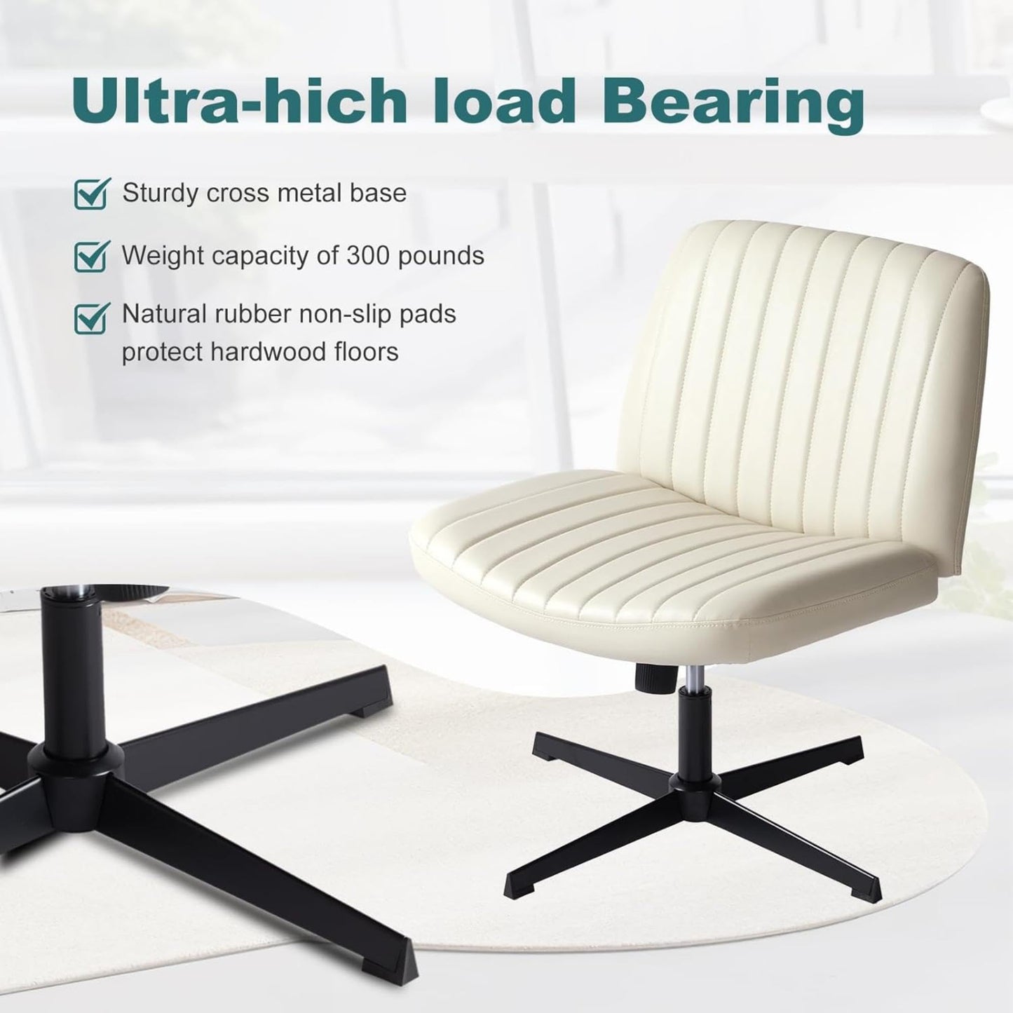 OLIXIS Criss Cross Legged Chairs Armless No Wheels Wide Seat Height Adjustable Swivel Padded PU Leather Home Office Desk Seating for Bedroom, Student, Study Room