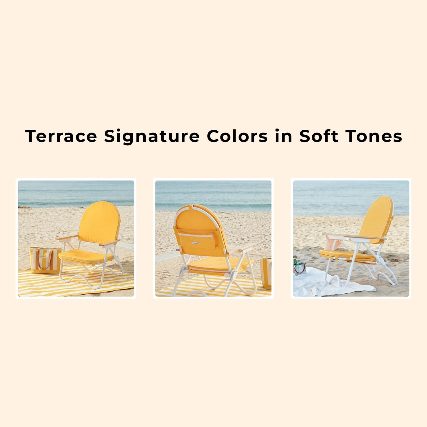 DEER LAND Padded Low Beach Chair, 4-Position Folding Outdoor Chair with Wooden Armrests, Cushioned Seat, Storage Pouch & Carry Strap for Beach, Patio and Lawn, Harbour Mimosa
