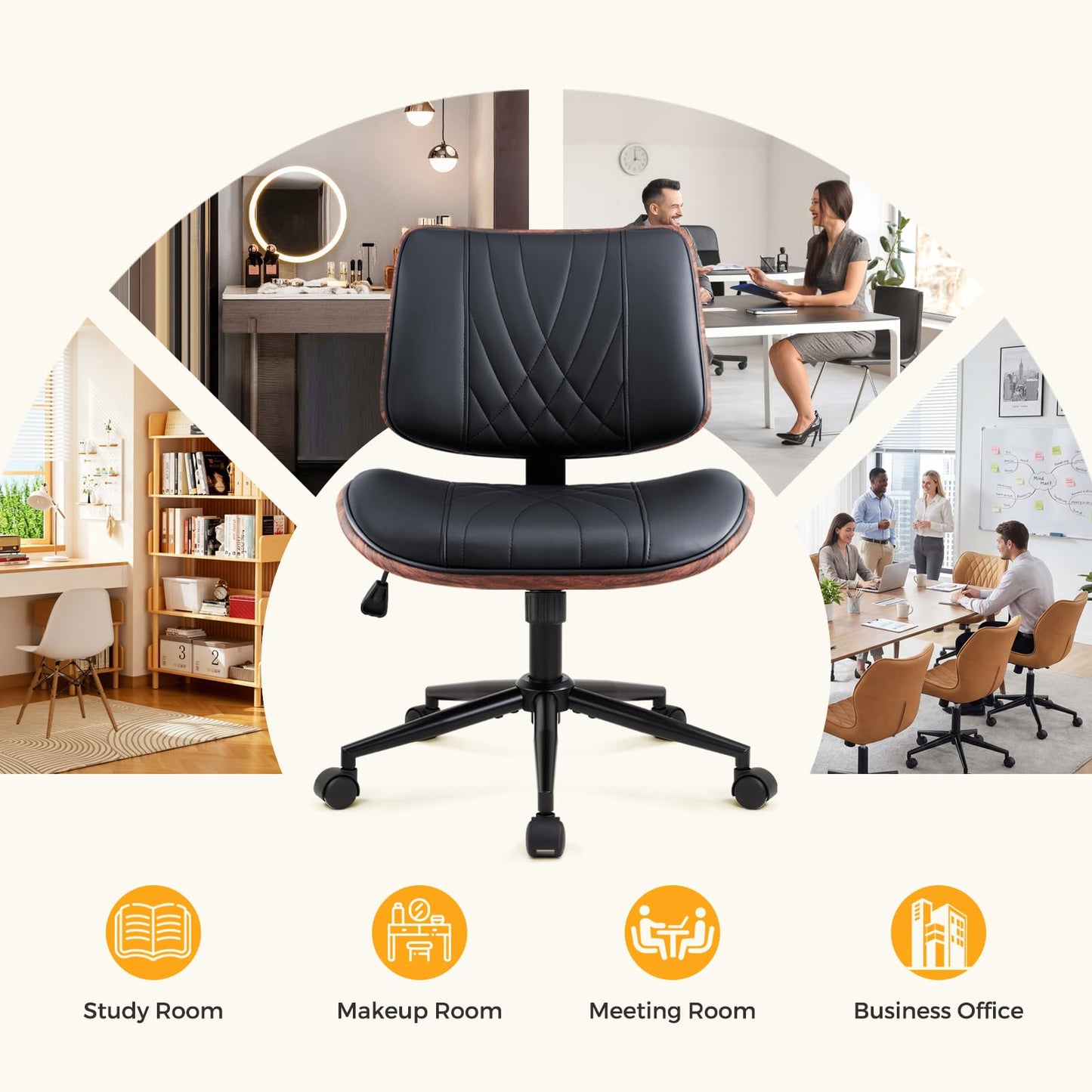 IWMH Home Office Chair Swivel Desk Chair with Wheel Small Computer Chair Armless Task Chair Modern Walnut PU Leather Backrest Rocking Function Adjustable Height, Study Reading Meeting Room (Black)
