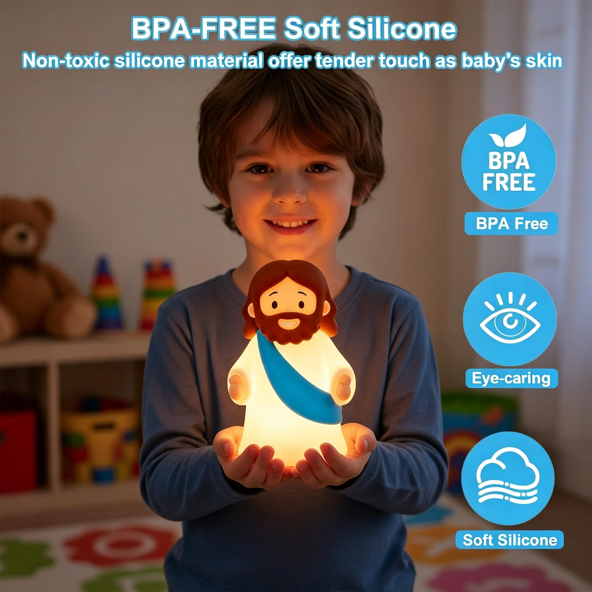 magical JD Little Jesus Night Light, Mini Silicone Jesus Lamp, Dimmable Rechargeable Touch Bedside Lamp for Nursery & Kids, Ideal Religious Gift for Christmas, Easter and Baptism (Blue)