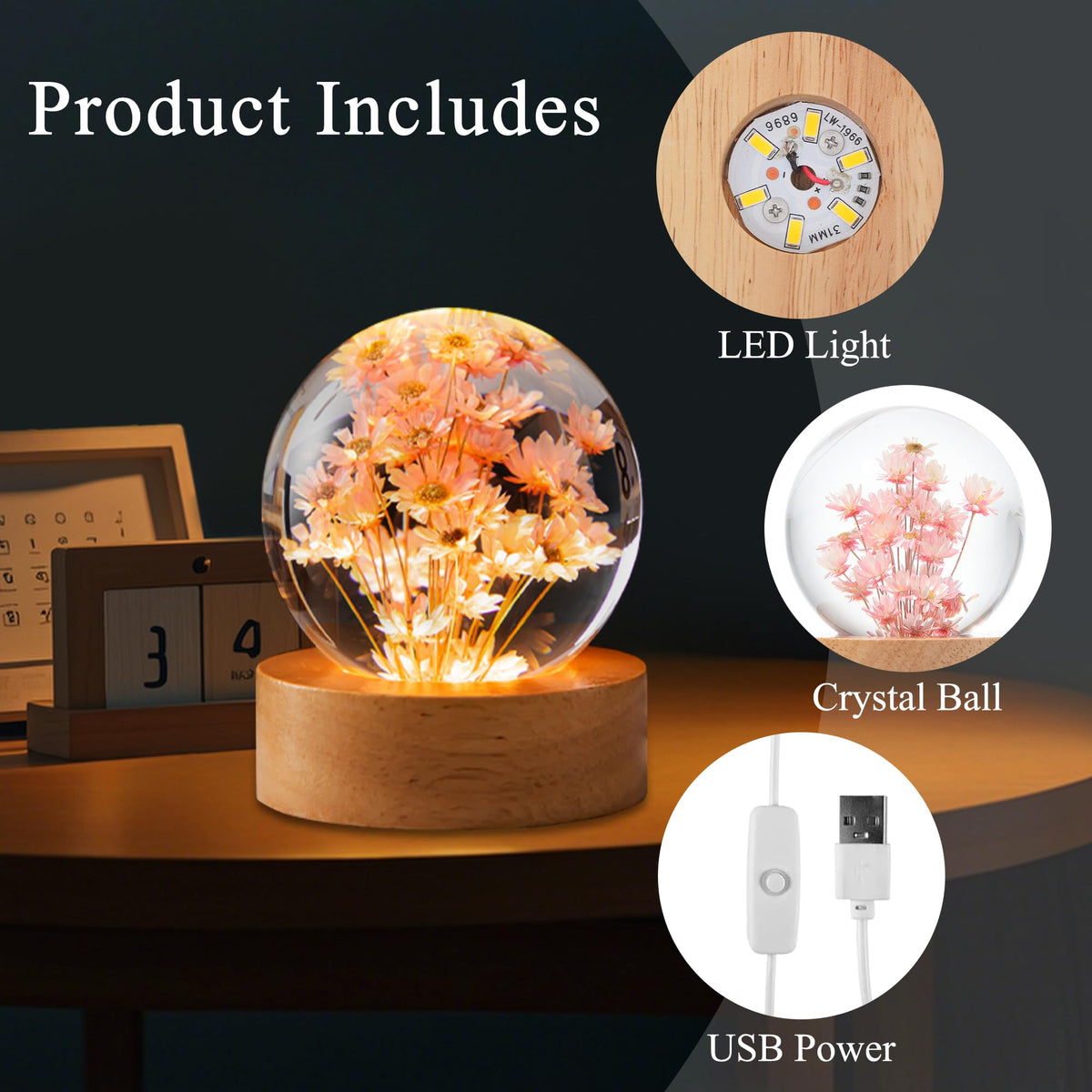 Daisy Decor Gifts,Daisy Flower Lamp Crystal Ball Night Light,2.4 Inch Glass Ball Lamp with LED Wooden Base,Soft Warm White Lighting for Women Best Friends Sister Birthday Xmas Aesthetic Gift(Red)