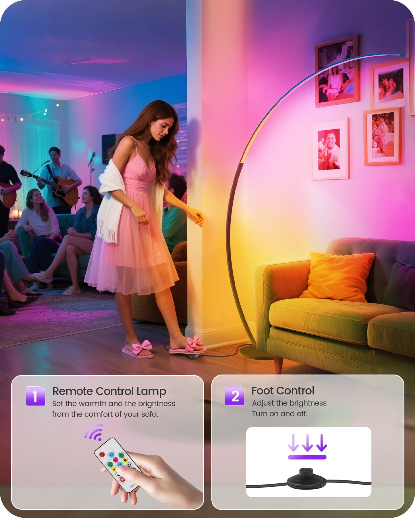 Dimmable Arc Floor Lamp and RGBW LED Floor Lamp Bundle B62LD05-RB62LD05