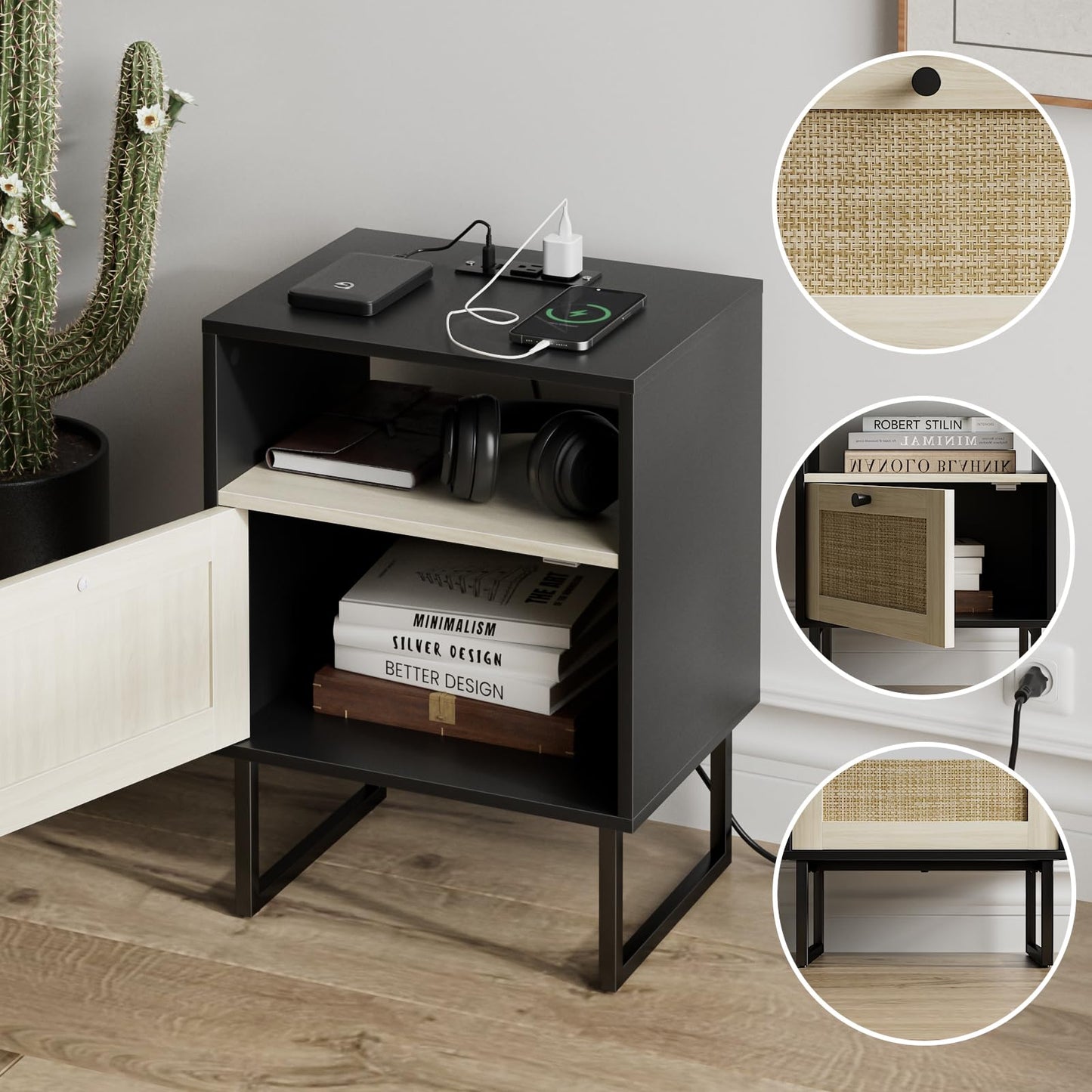 Masupu Boho Night Stand, Small Rattan Side Table, Wood Nightstand with Drawer and Charging Station, Bedside Table with White Shelf, End Table for Bedroom,Living Room,Office (Black Mix White)