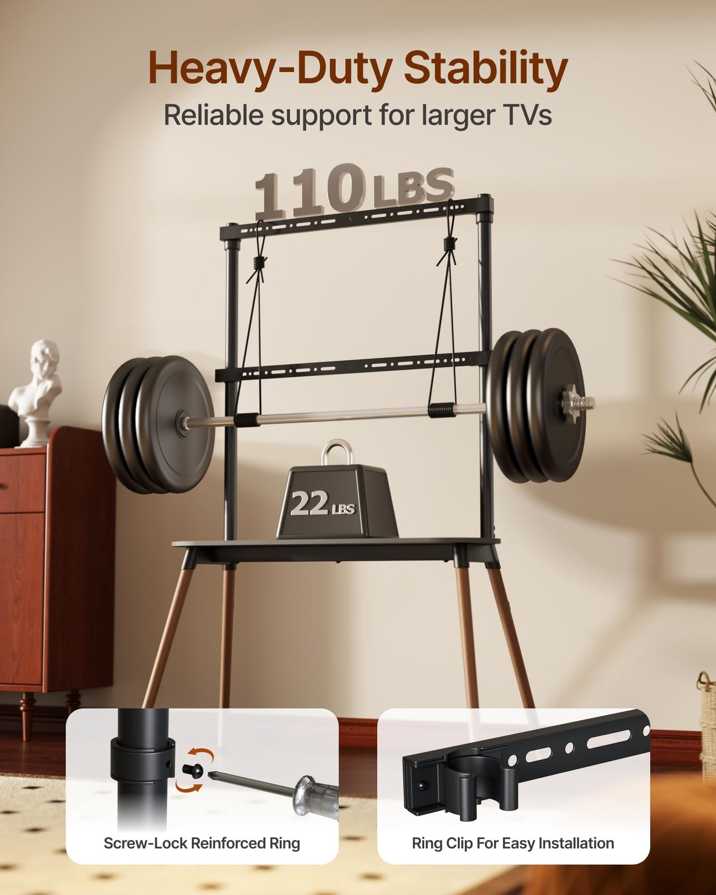 ECOTINY Easel Floor TV Stand with Storage for 49-86 inch TVs, Height Adjustable 4-Leg Universal TV Stand with Cable Management & Protective Pads, Holds 110 lbs for Living Room, Office, School, Black