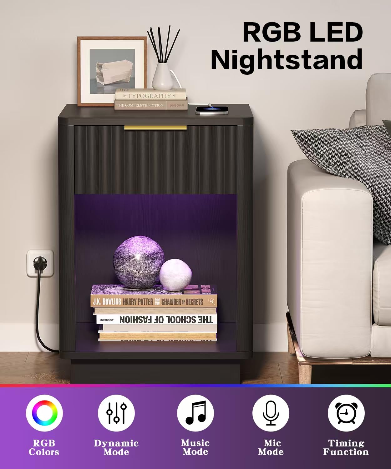 Akxomel Fluted Nightstands Set of 2, Wooden Night Stand with Charging Station and LED Light, Modern Mid Century End Table with Drawer, 15" D x 15.7" W x 22.6" H, for Bedroom, Black