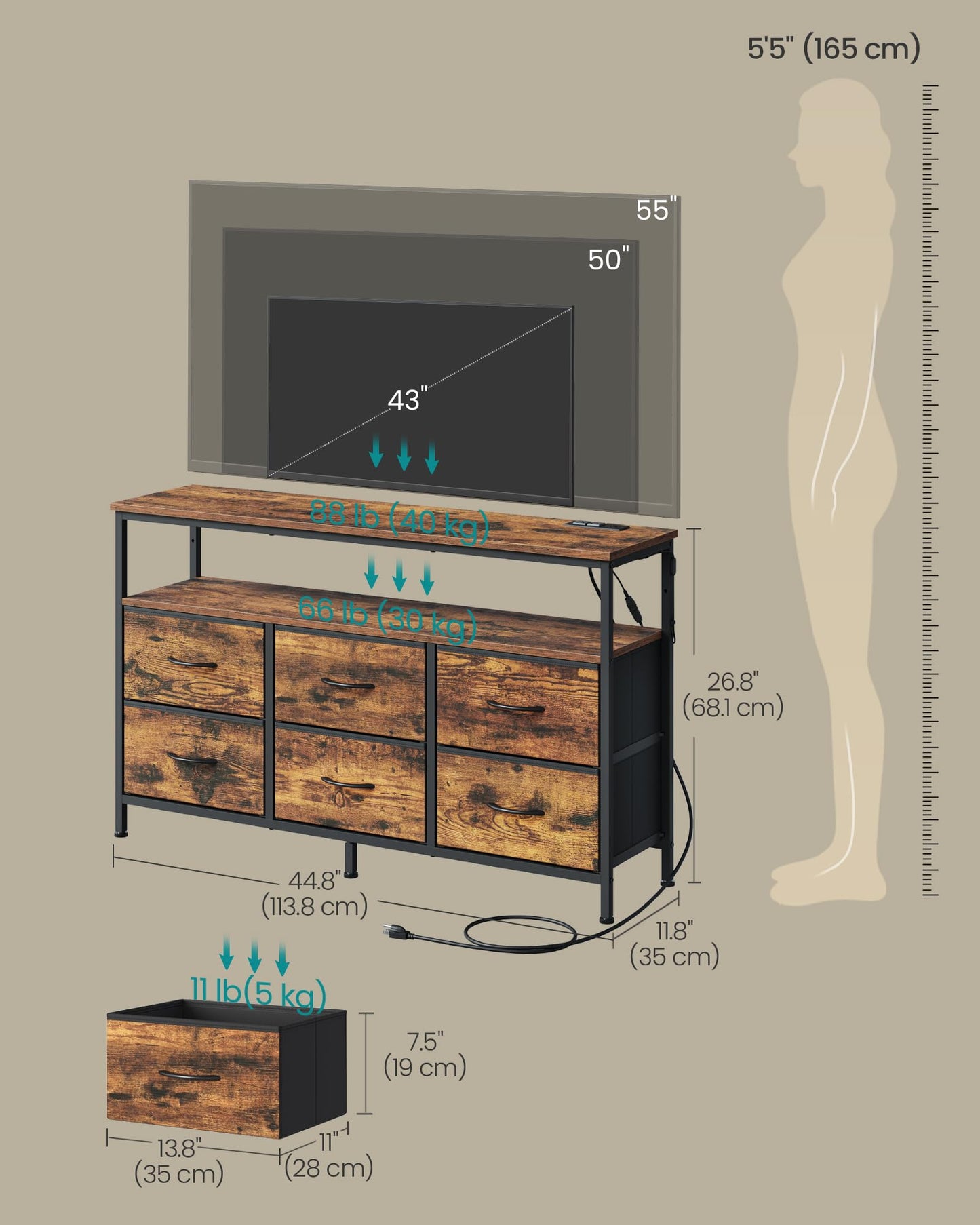 SONGMICS BELLAH Collection - Dresser for Bedroom, Chest of Drawers, TV Stand for TVs Up to 55 Inches, Living Room, Closet, 6 Drawers and 1 Shelf, Industrial, Rustic Brown and Ink Black ULGS833KD02S