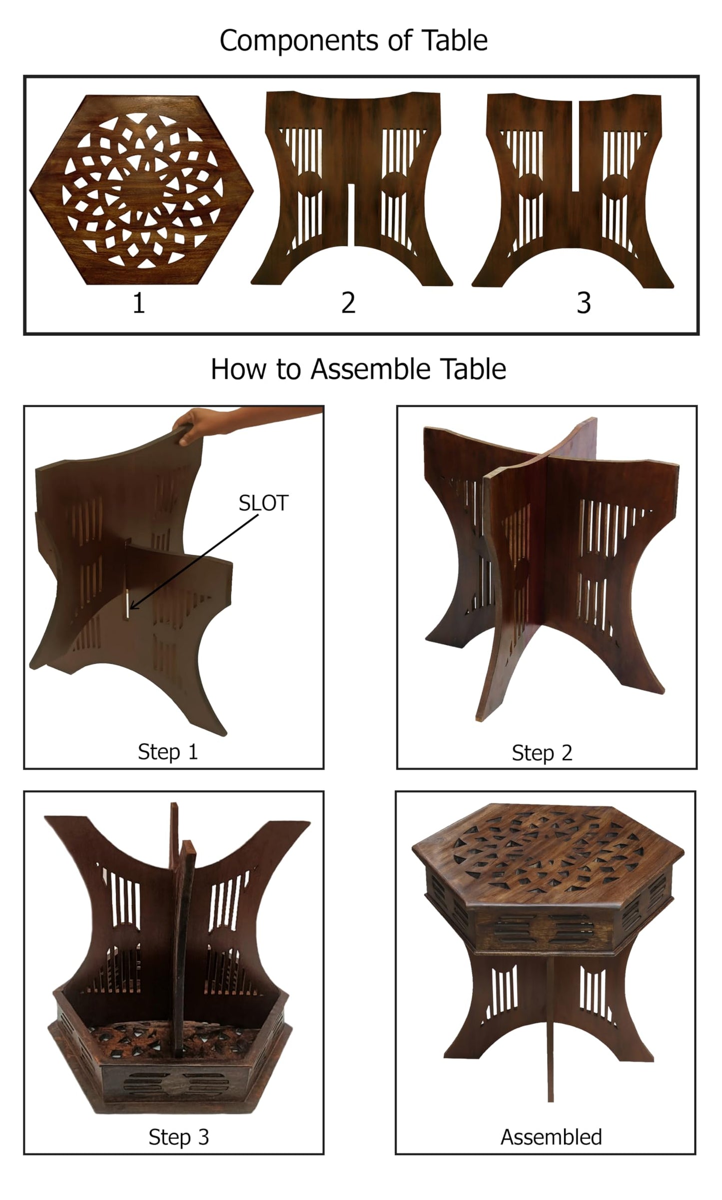 COTTON CRAFT Solid Wood End Table - Hand Carved Moroccan Accent Table - Boho Folding Side Table - Small Spaces Entryway Global Living Room Bedside - No Tools Assembly - 24x20 in - Dark Antique Brown
