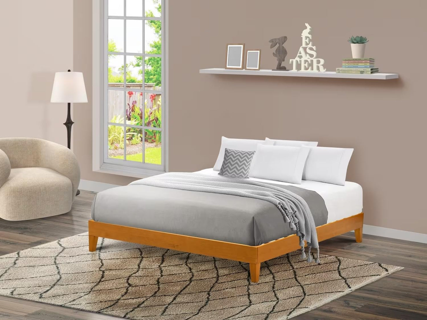 East West Furniture NVP-23-K King Size Bed Frame with 4 Hardwood Legs and 2 Extra Center Legs - Oak Finish