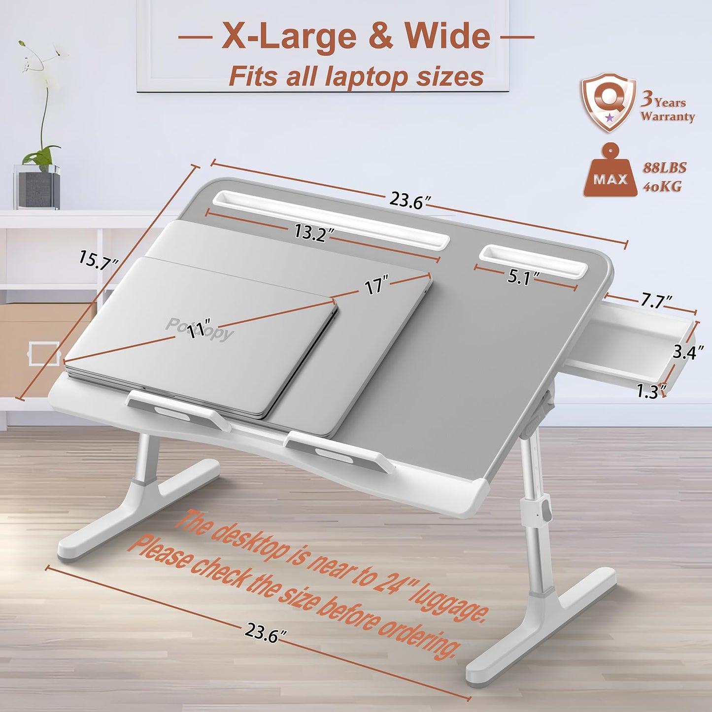 Potuopy Laptop Stand for Bed, PVC Leather Adjustable Bed Desk Table Tray, X-Large Folding Lap Desk with Drawer for Eating Writing Drawing Working on Couch Floor, Grey
