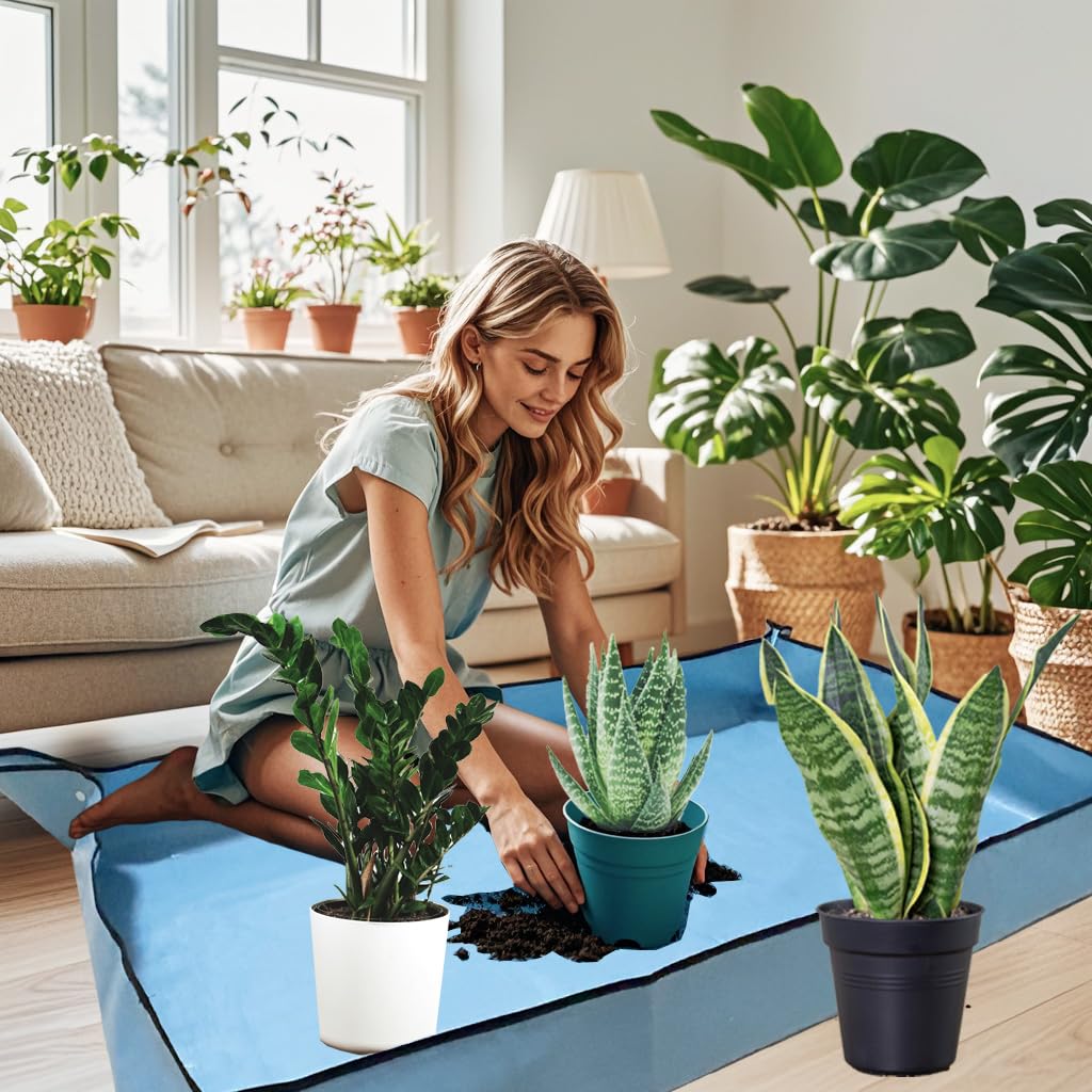 HejVulkan 59" x 39" Extra Large Plant Repotting Mat, Foldable Gardening Mat for Indoor, Transplanting Houseplants, Pot Out, Mix Soil and Mess Control, Gardening Gifts for Women Men Plant Lover(Blue)