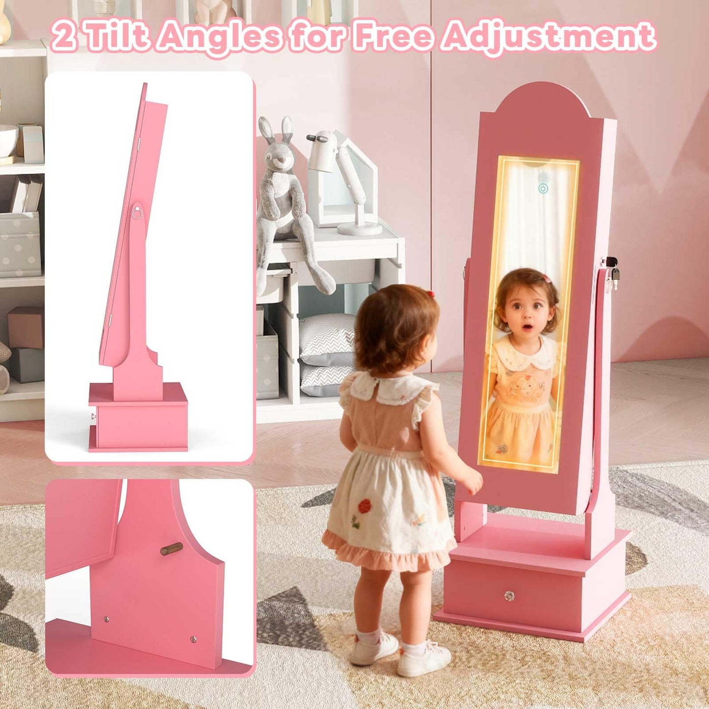 INFANS Kids Jewelry Armoire Cabinet with LED Lights, Lockable Standing Organizer with Full-length Mirror, Unicorn Theme Children Vanity Dress Up Storage Rack for Girls